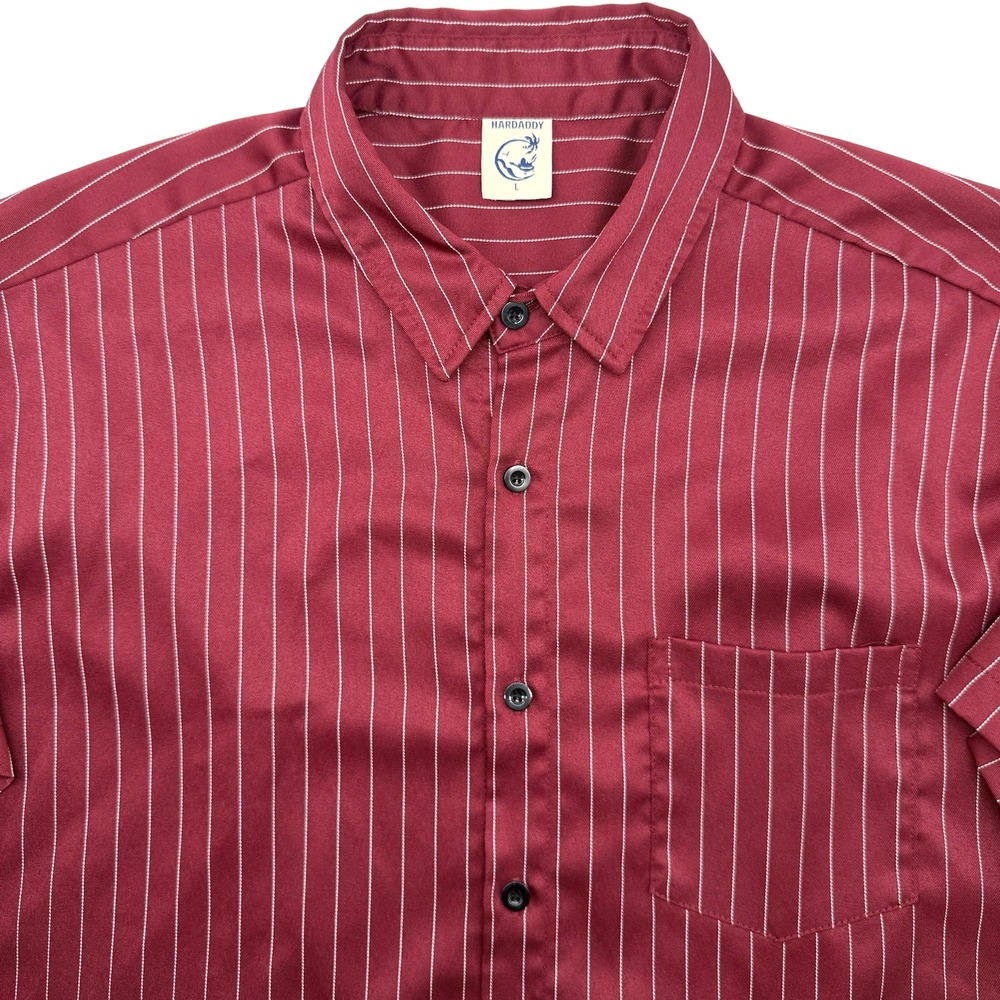 Harddaddy Button Down Men Large Burgundy Red Pinstripe Short Sleeve 1579421#
